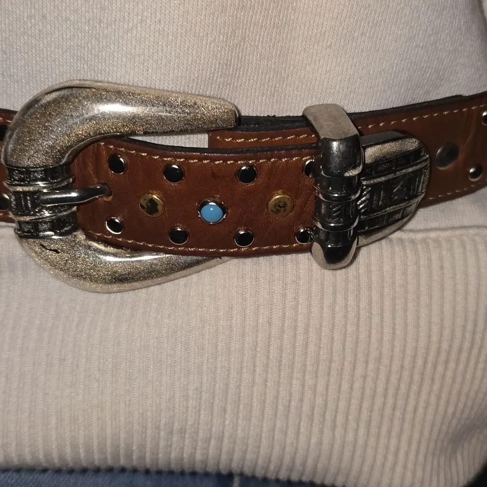 Western Studded Brown Leather Belt with Silver Buckle,34' Inch NWOT!